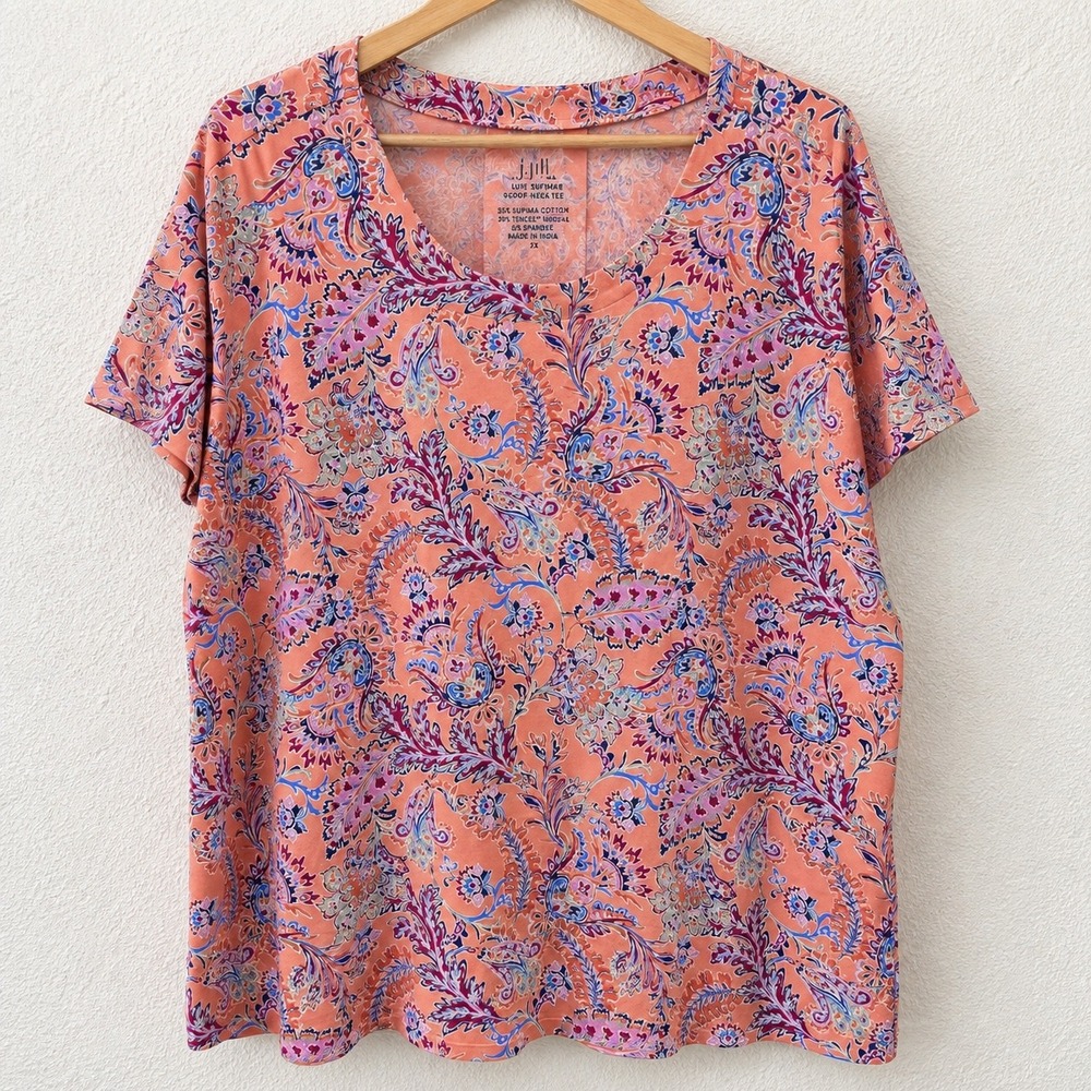 J. Jill Luxe Supima Scoop-Neck Tee 2X Coral Orange Paisley Floral Print T-Shirt